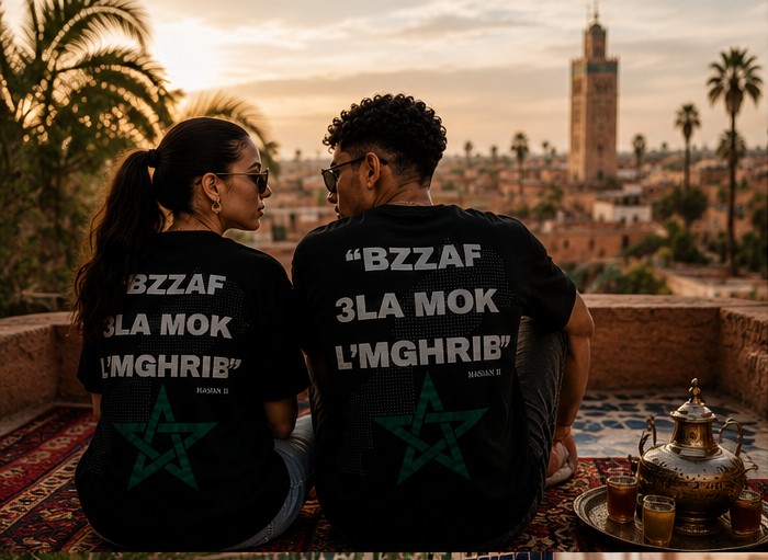 Couple de dos, tee BZZAF 3LA MOK L'MGHRIB devant la Koutoubia